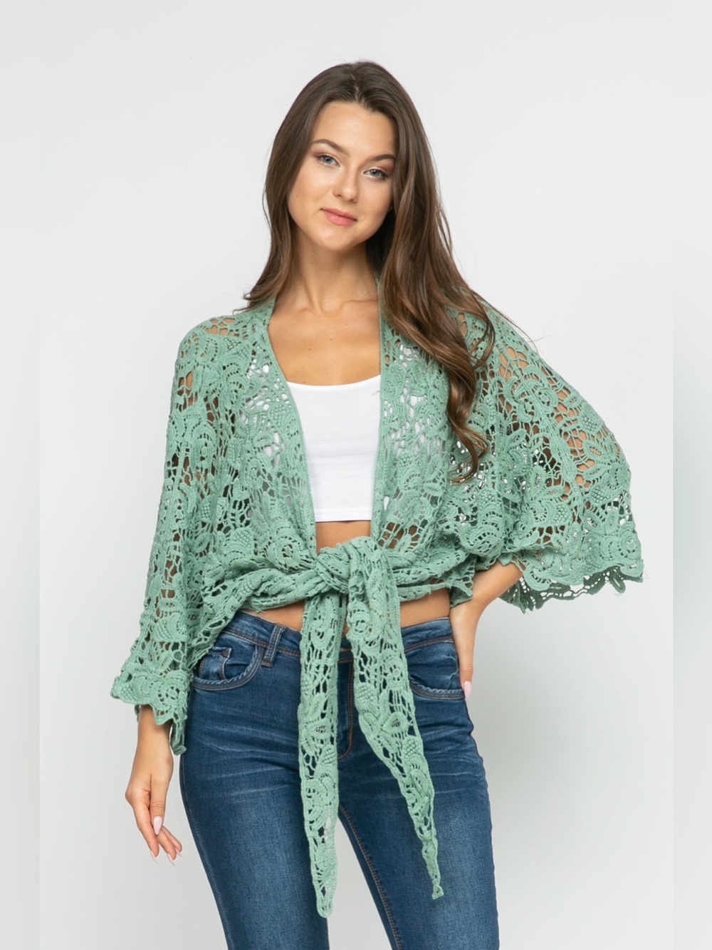 Raj Crochet Tie-Front Shrug - Sage Green